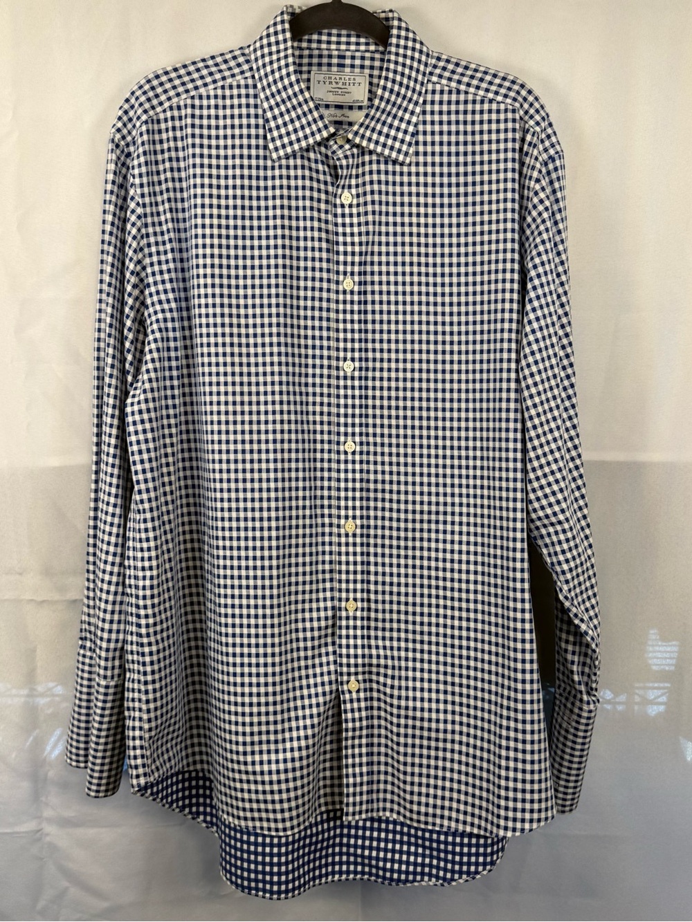 Charles Tyrwhitt Non Iron Blue White Gingham Dress Shirt 17 35 Extra Slim
